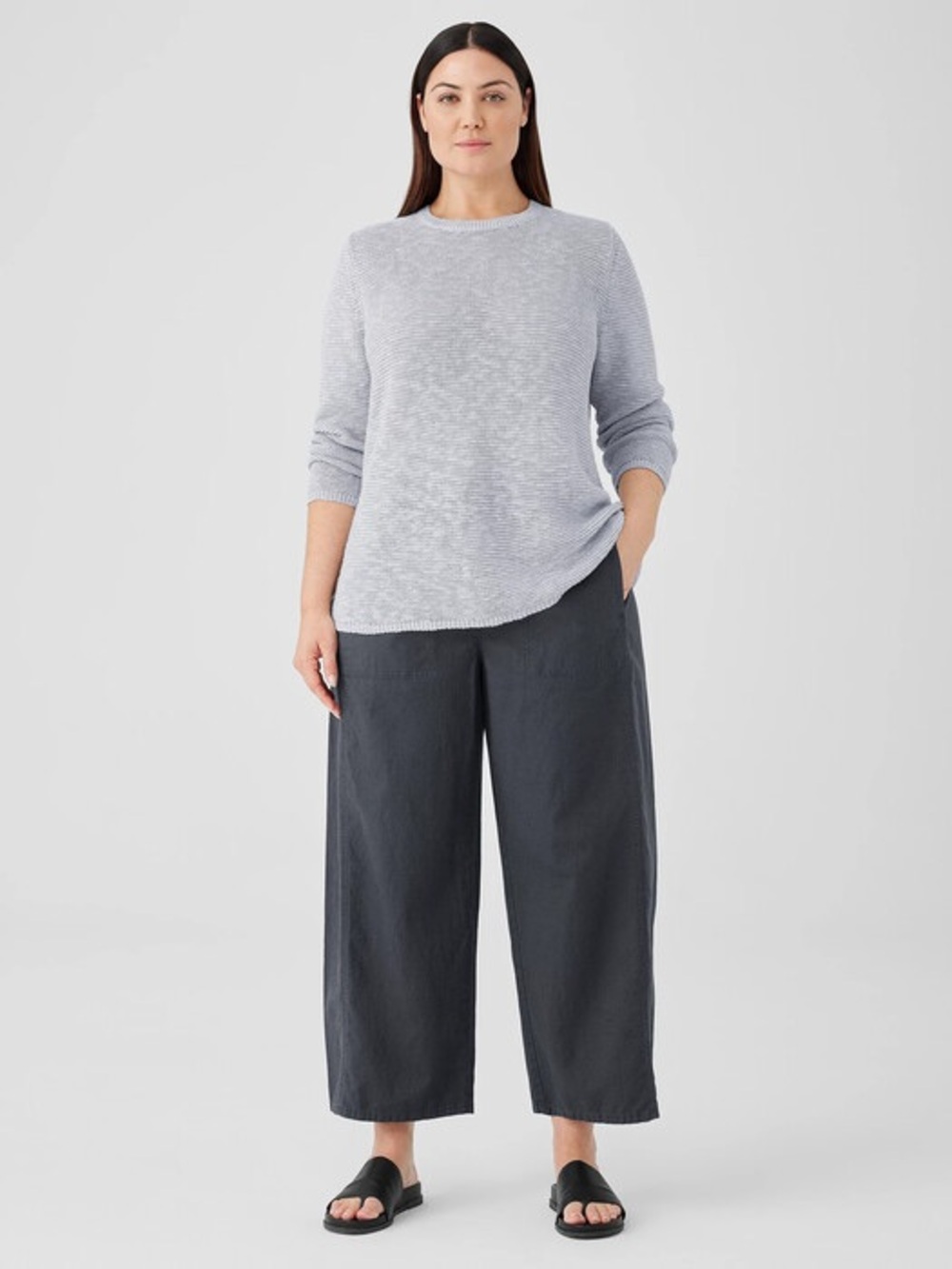 Eileen Fisher Wide Leg Pants 32” Straight Leg Crop Gray Cotton Hemp Pull On